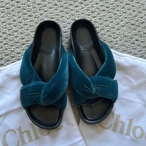 Very gently worn Chloe size 39 teal puffy velvet slides